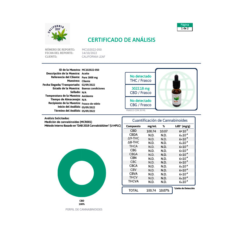 California Leaf® | Aceite Pure CBD E. Aislado 3000 mg | 30 ml